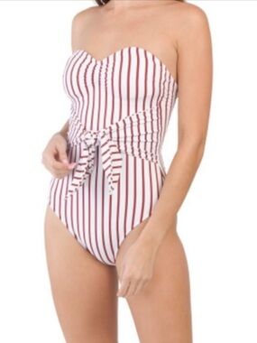 NEW WeWoreWhat Capri One-Piece Strapless Swimsuit Pinstripe Red Size Large NWT